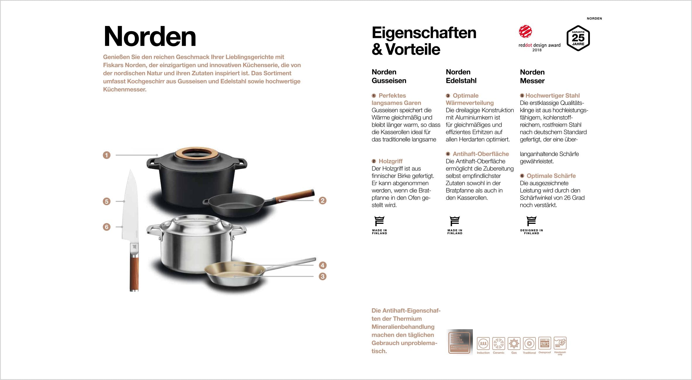 bildliche darstellung der fiskars norden serie mit angabe von eigenschaften und vorteilen.