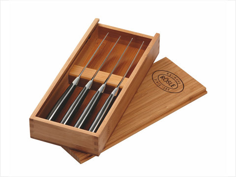 Rösle Steakmesser Set 4tlg. in einer hochwertigen Bamus Holzbox die kostenlos mit einer Gravur personalisiert werden kann.